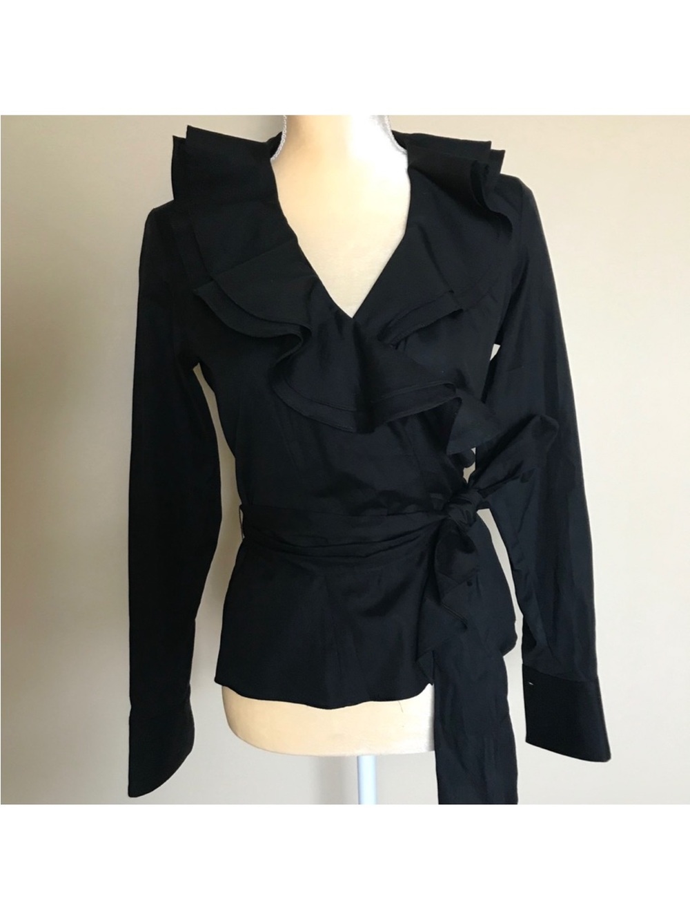Lauren Ralph Lauren Black Ruffle Wrap Top Long Sleeve